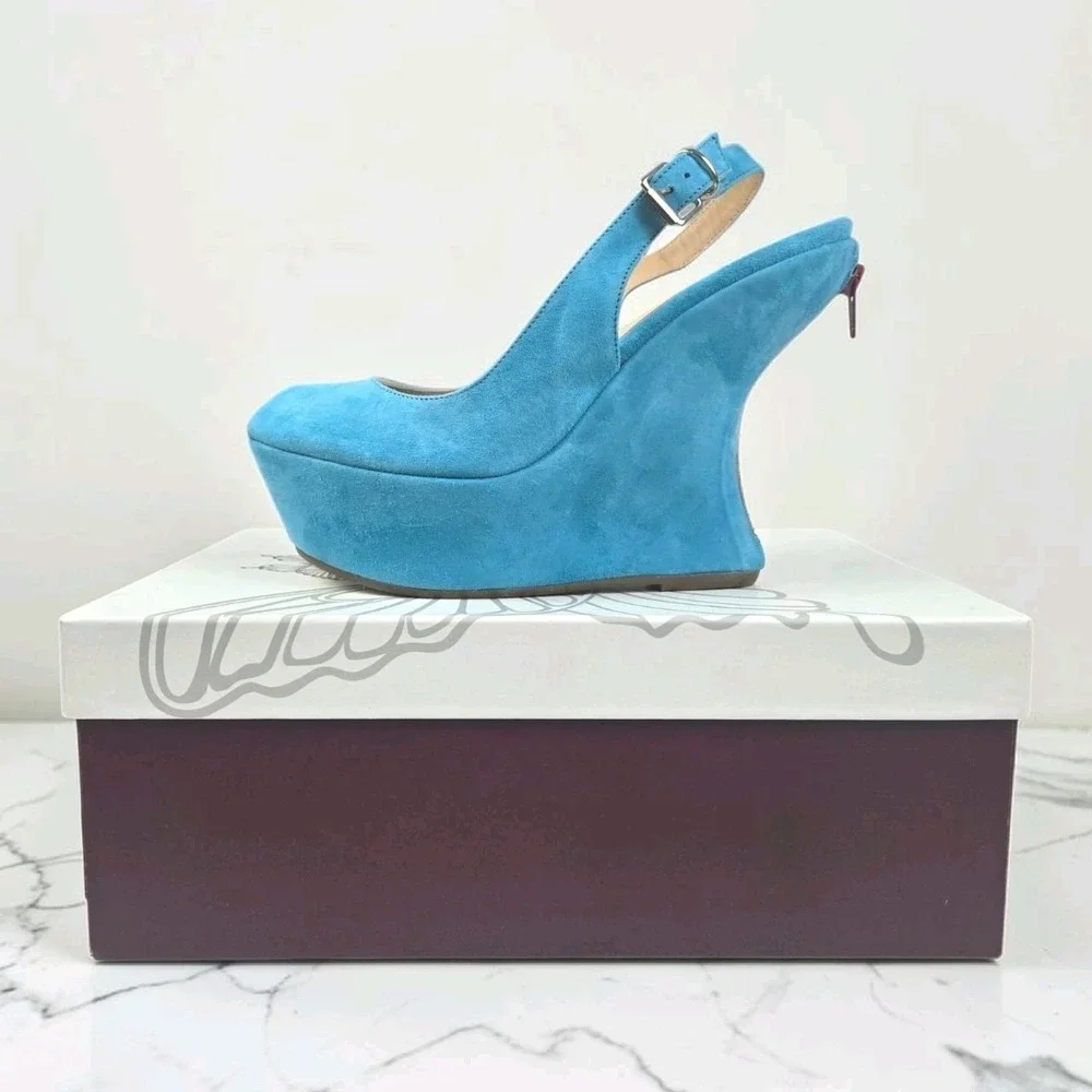 Luxury Turquoise Suede Peep-toe Platform Slingback Wedge Sandal Size 38 NIB $458